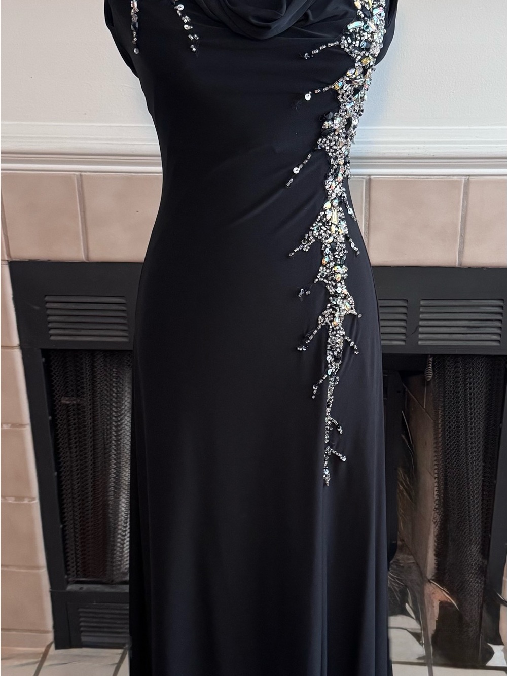 Fiesta Fashion Black Evening Gown with “Crystal” and Silver Accent Beading
